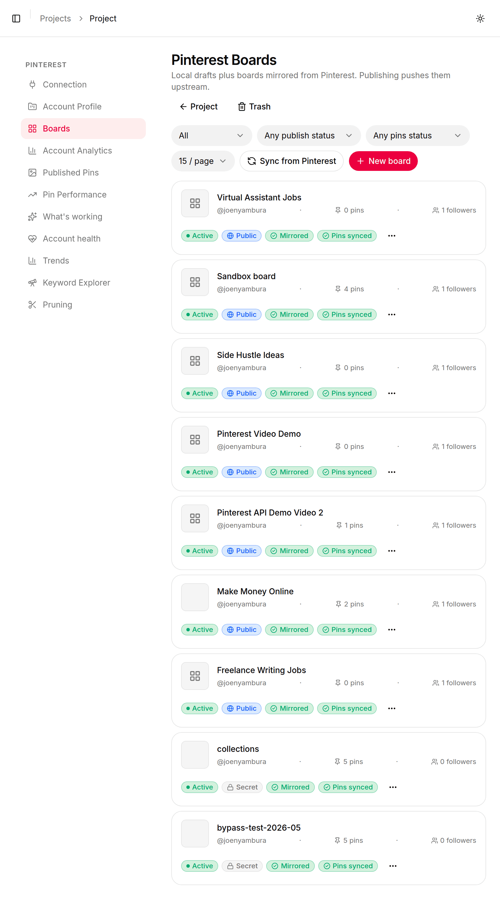 The synced boards list