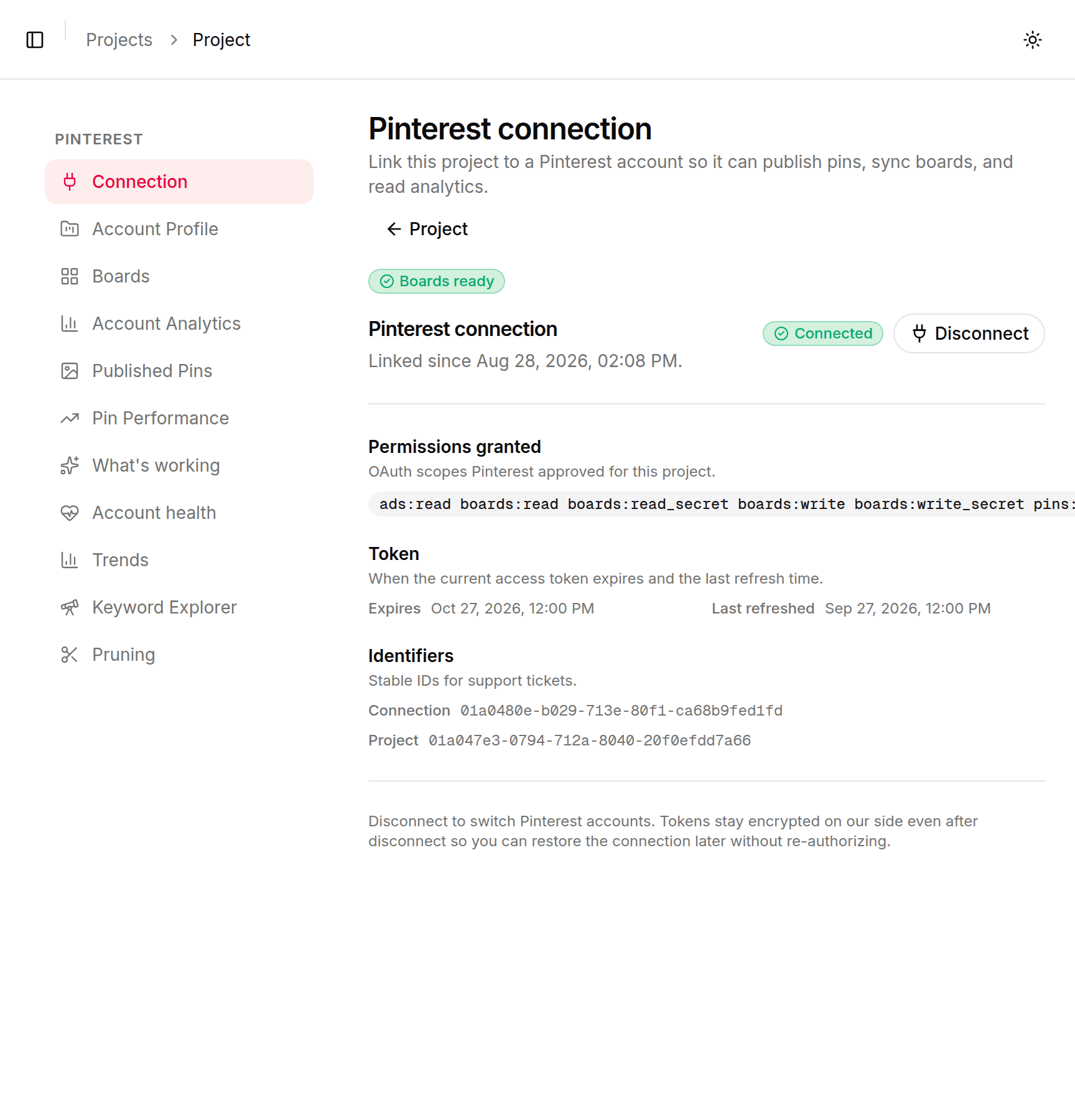 The connected state showing granted permissions