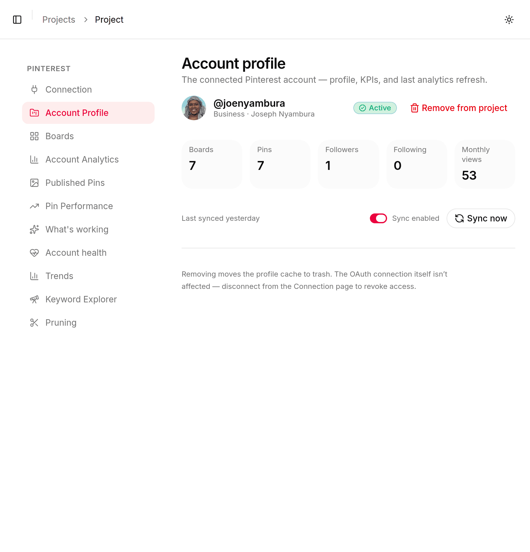 The connected Pinterest account