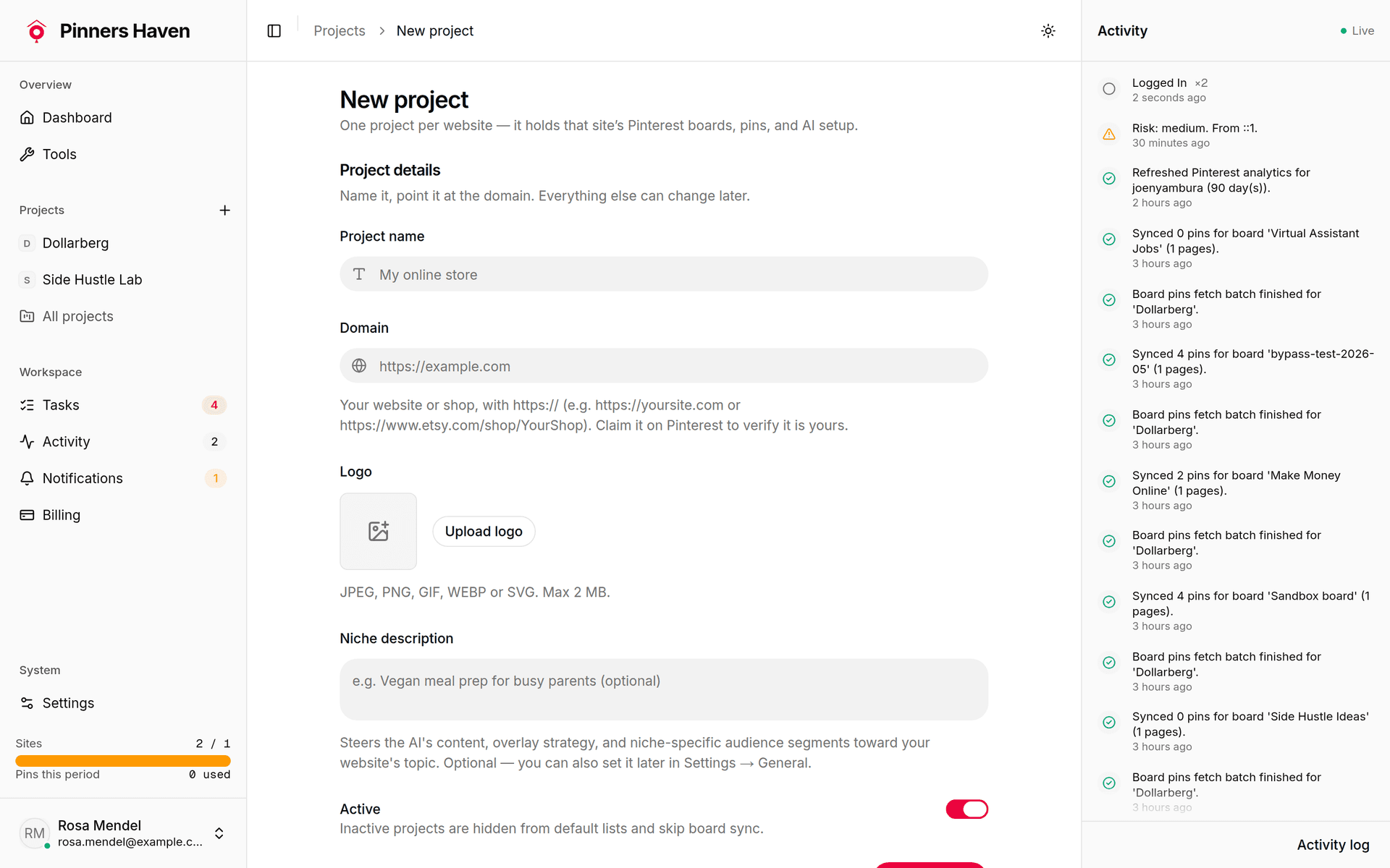 The new project form