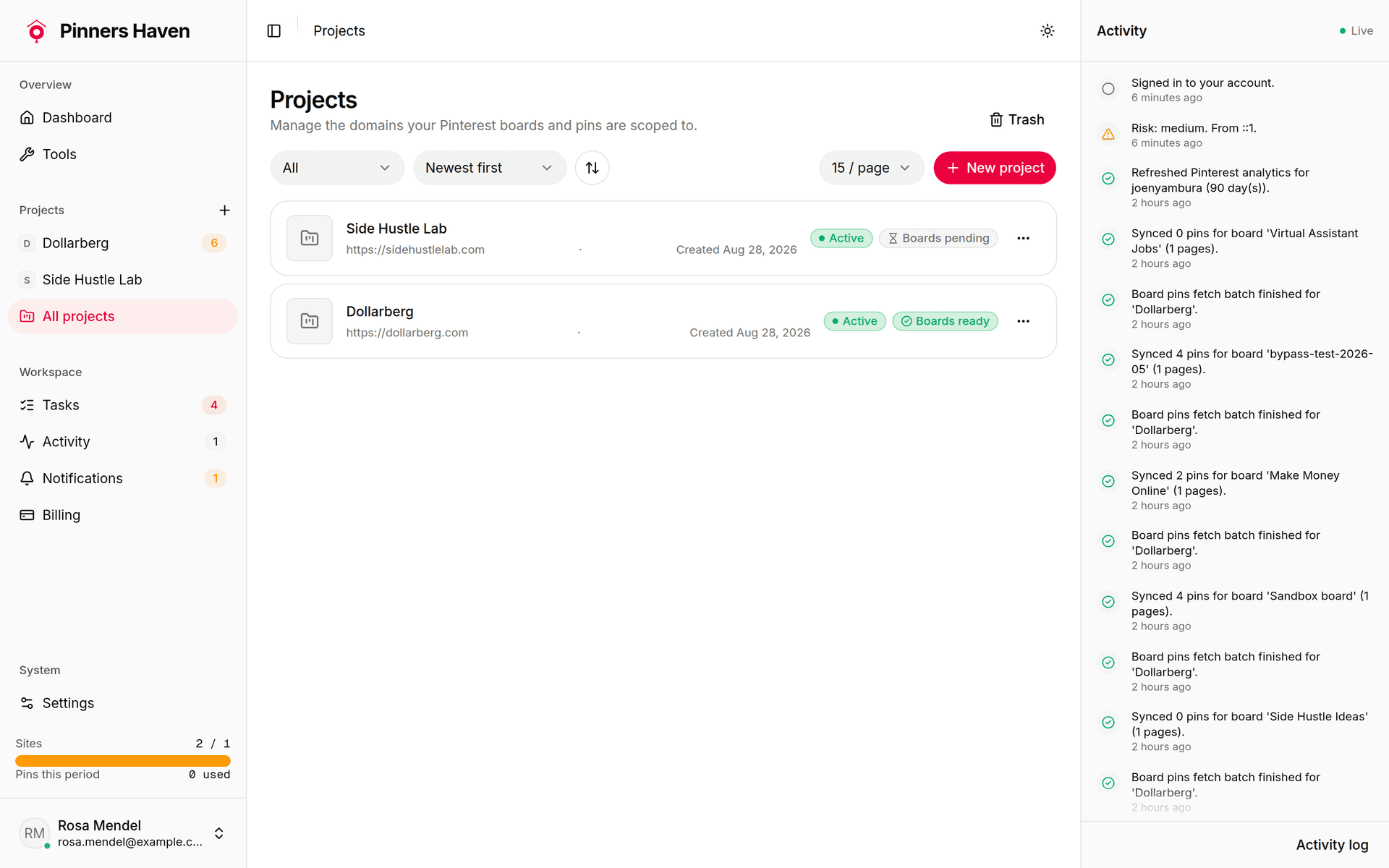 The projects list with the new project