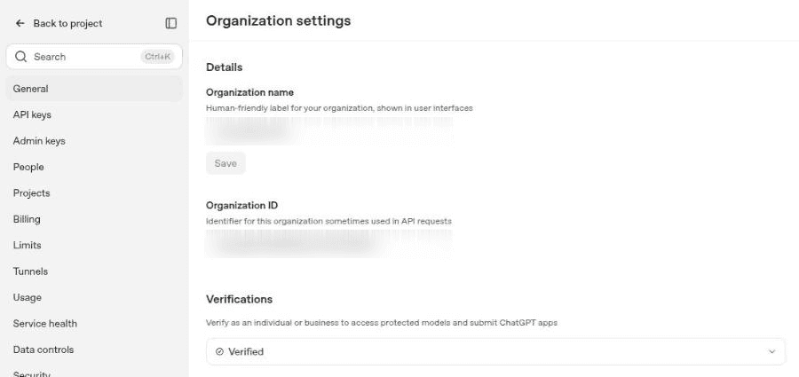 OpenAI organization settings showing Verified