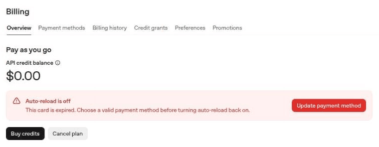 OpenAI billing with a $0.00 credit balance and auto-reload off