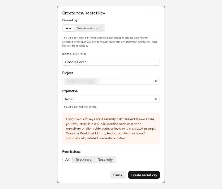 The Create new secret key dialog