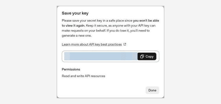 OpenAI's Save your key dialog