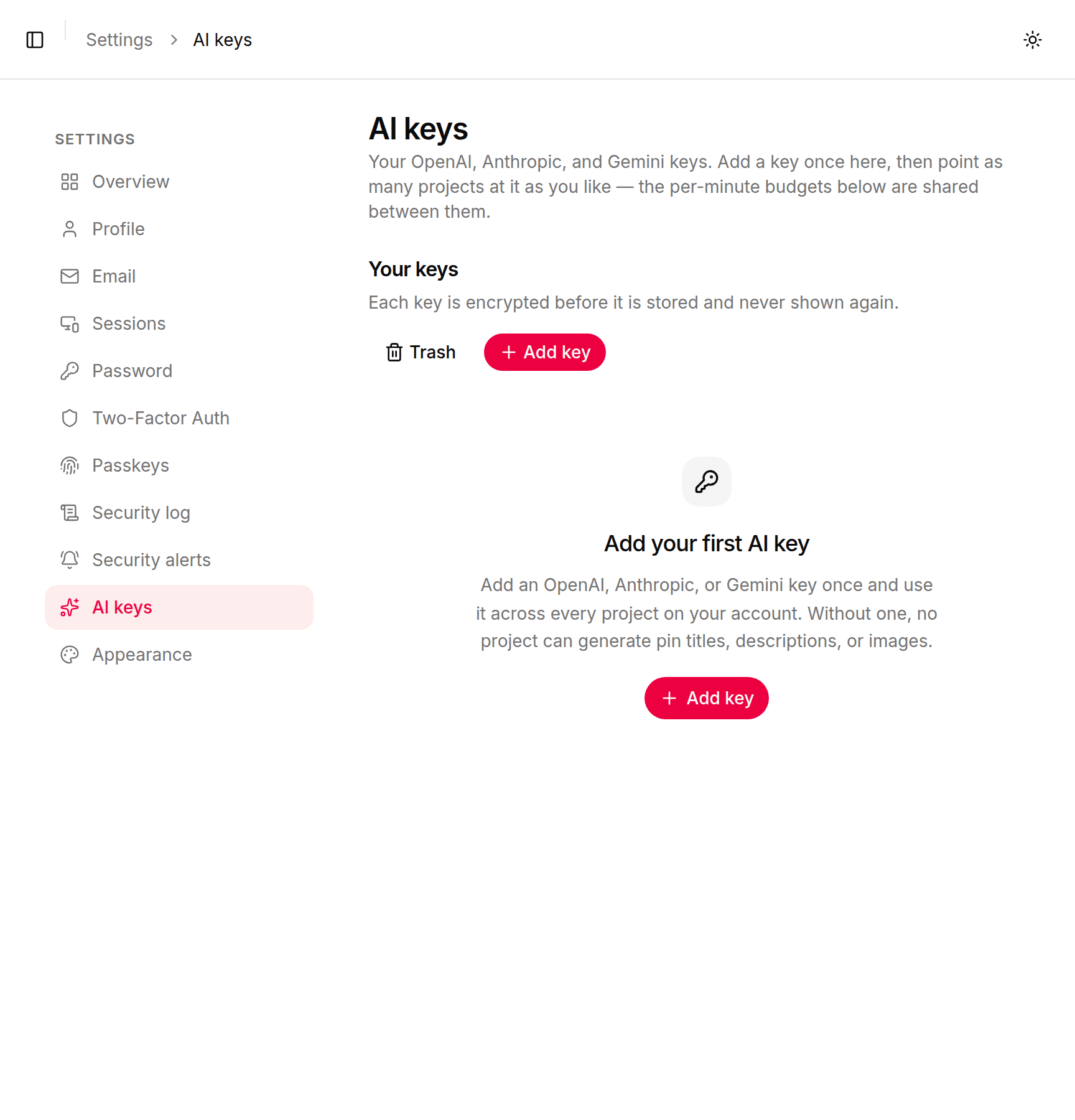 The AI keys page before you add one