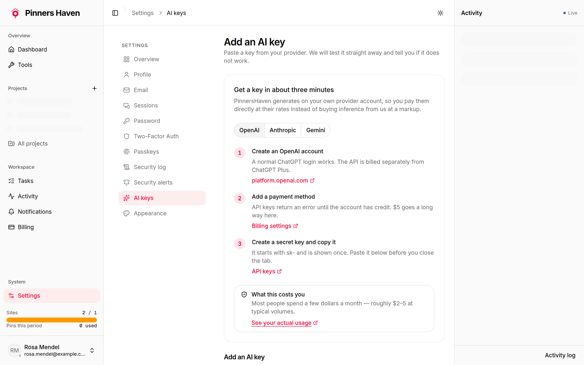 The Add an AI key page with the OpenAI walkthrough